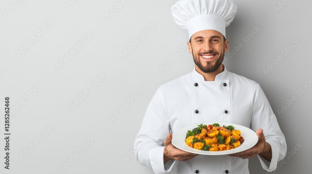 Chef in a white uniform, holding a dish, proud and satisfied with their creation, isolated on a white background Chef in a white uniform, holding a dish, proud and satisfied with their creation, isolated on a white background