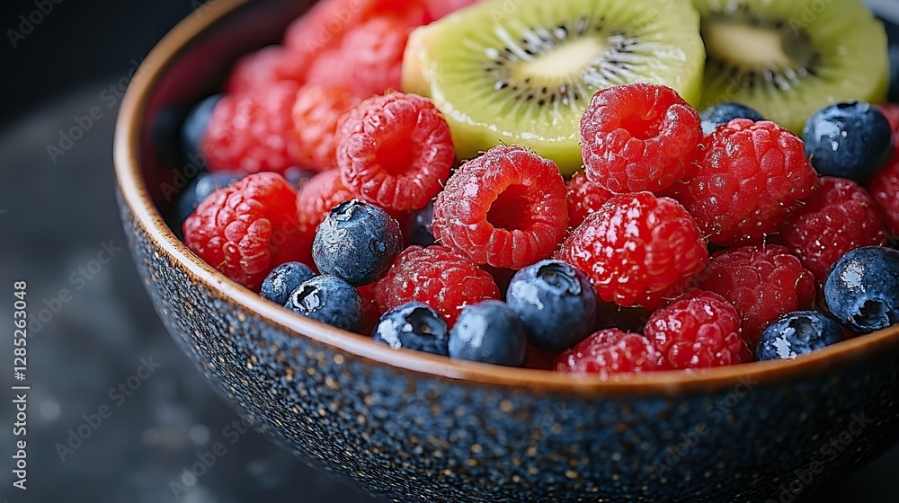A fresh summer fruit salad combines raspberries, blueberries, and kiwi. A fresh summer fruit salad combines raspberries, blueberries, and kiwi.