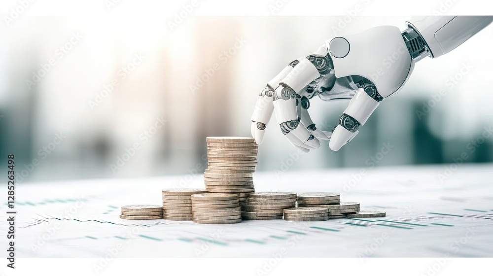 Robotic arm optimizing financial strategies through coin stacking and chart analysis, showcasing AI-driven growth in finance
