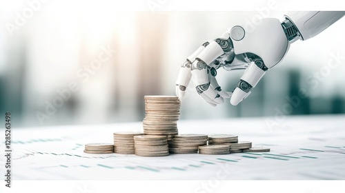 Obraz na płótnie Robotic arm optimizing financial strategies through coin stacking and chart analysis, showcasing AI-driven growth in finance w salonie