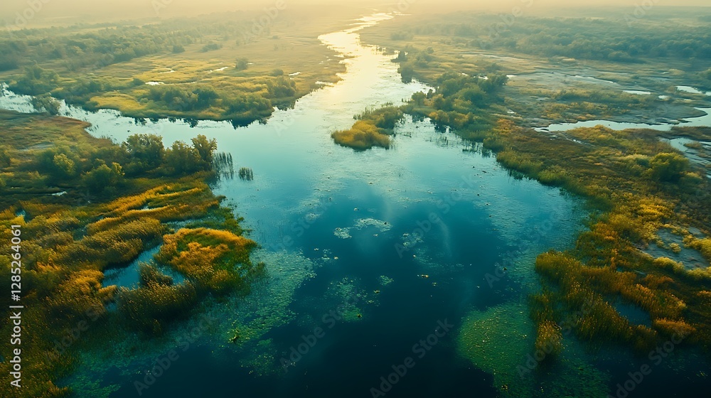 Aerial view of river flowing through marsh at dawn Aerial view of river flowing through marsh at dawn