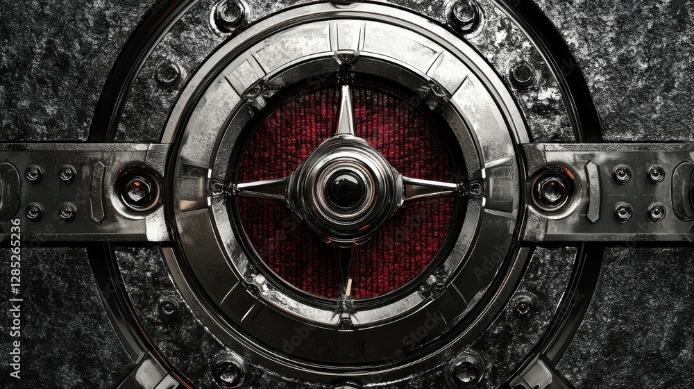 Obraz premium Intricate Metallic Design with Central Button on Textured Background for Creative Projects and Visual Art
