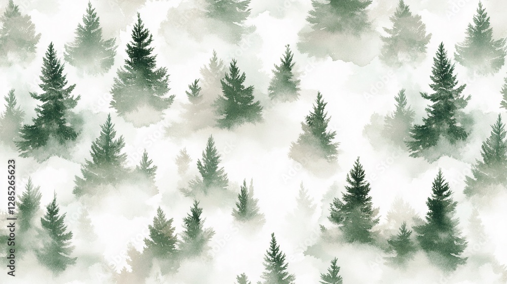 Obraz premium Tranquil Foggy Forest Seamless Pattern: Watercolor Fir Trees in Mist, Perfect for Digital and Print Designs, Layered Brushwork Creates Depth and Serenity on a White Background