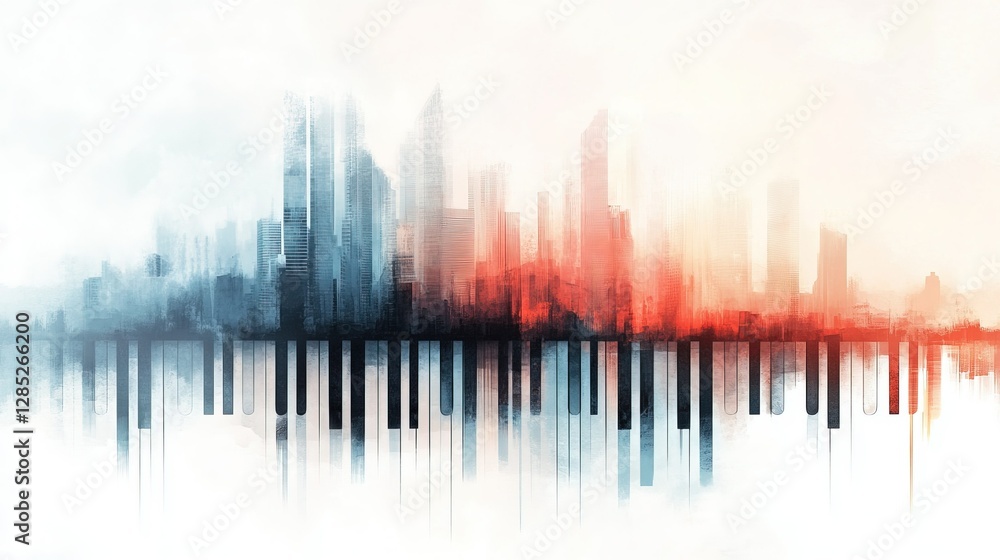 City Symphony, an abstract cityscape blending urban architecture with piano key motifs, evoking a harmonious connection to music City Symphony, an abstract cityscape blending urban architecture with piano key motifs, evoking a harmonious connection to music