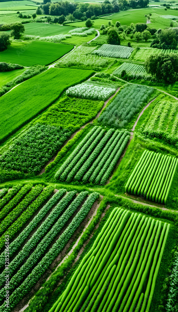 Fototapeta premium Aerial view of farmland, diverse crops, green fields, rural landscape, agriculture