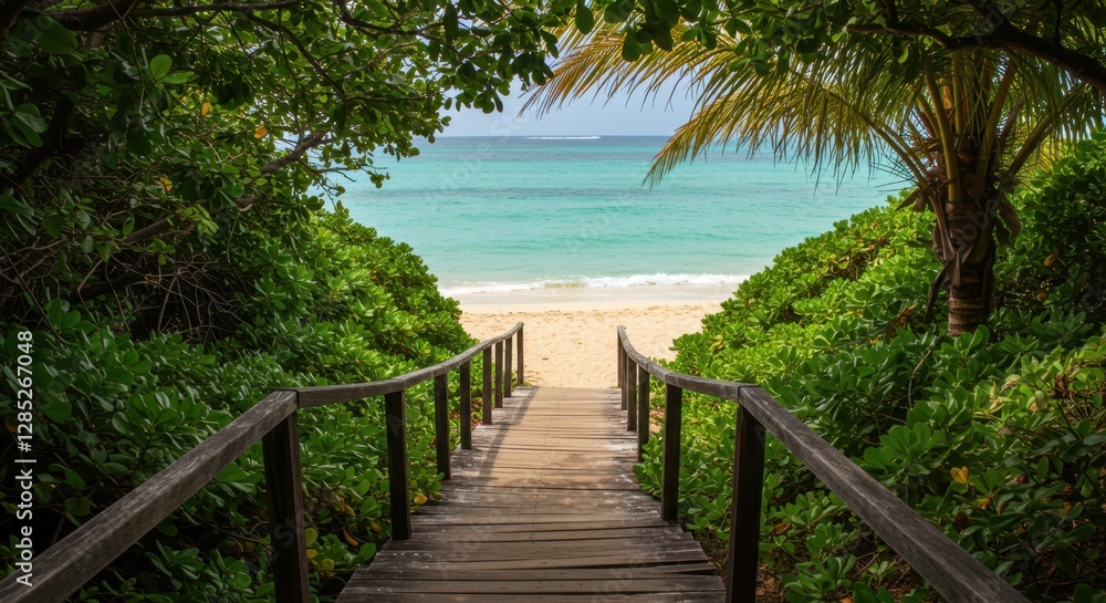 Fototapeta premium Wooden Path Leading to Tropical Beach Paradise with Lush Greenery