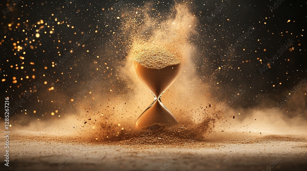 Golden sand hourglass transforming into dynamic shapes, a visual journey representing the essence of time and creation.