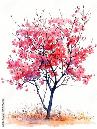 Watercolor painting of cherry blossoms blooming in spring