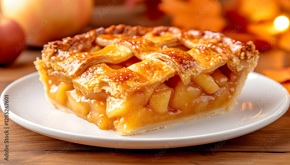 Autumn apple pie slice on plate, wood background Autumn apple pie slice on plate, wood background