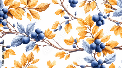 Autumnal Berries Branch Seamless Pattern Design, Fabric Print