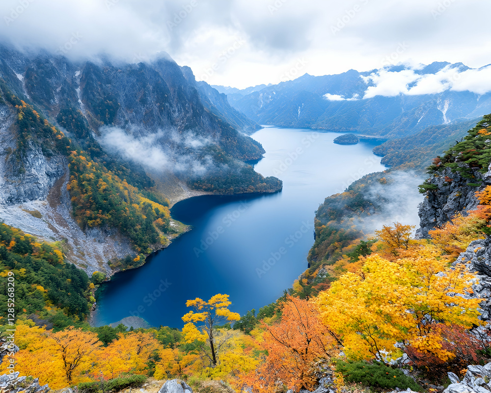 Obraz premium Autumnal lake nestled in misty mountains, scenic vista