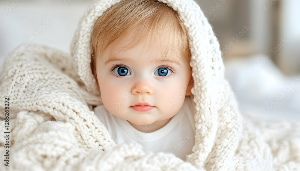 Baby girl snuggles in cozy blanket, bedroom background, for baby product ads Baby girl snuggles in cozy blanket, bedroom background, for baby product ads