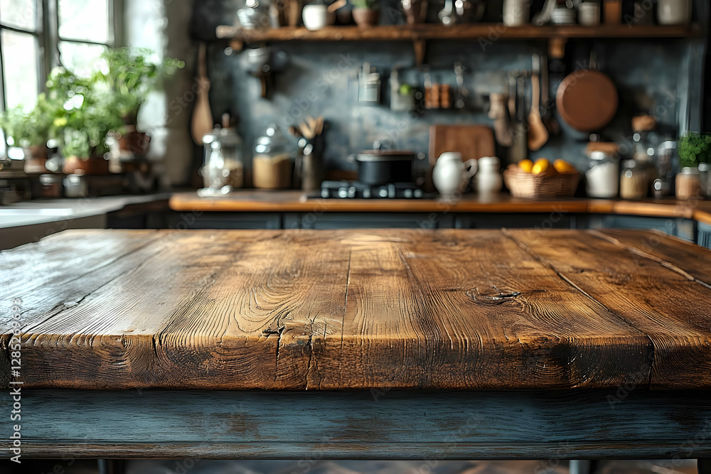 Rustic Wooden Kitchen Table Top With Blurred Background Rustic Wooden Kitchen Table Top With Blurred Background
