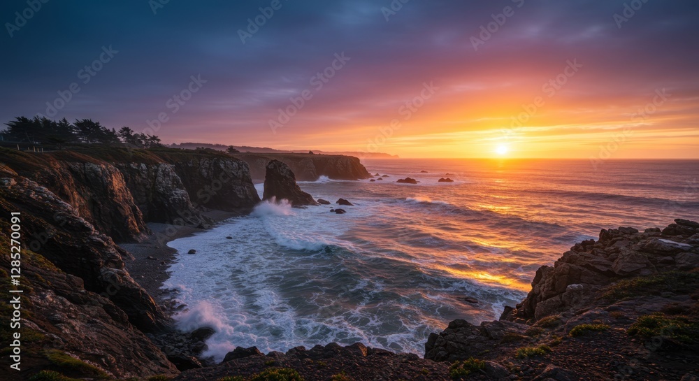 Coastal Sunset Scene with Cliffs, Ocean Waves, and Colorful Sky Coastal Sunset Scene with Cliffs, Ocean Waves, and Colorful Sky