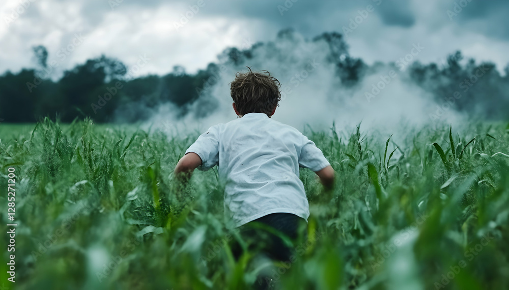 Boy running through cornfield, smoke in background, stormy sky, outdoor adventure Boy running through cornfield, smoke in background, stormy sky, outdoor adventure
