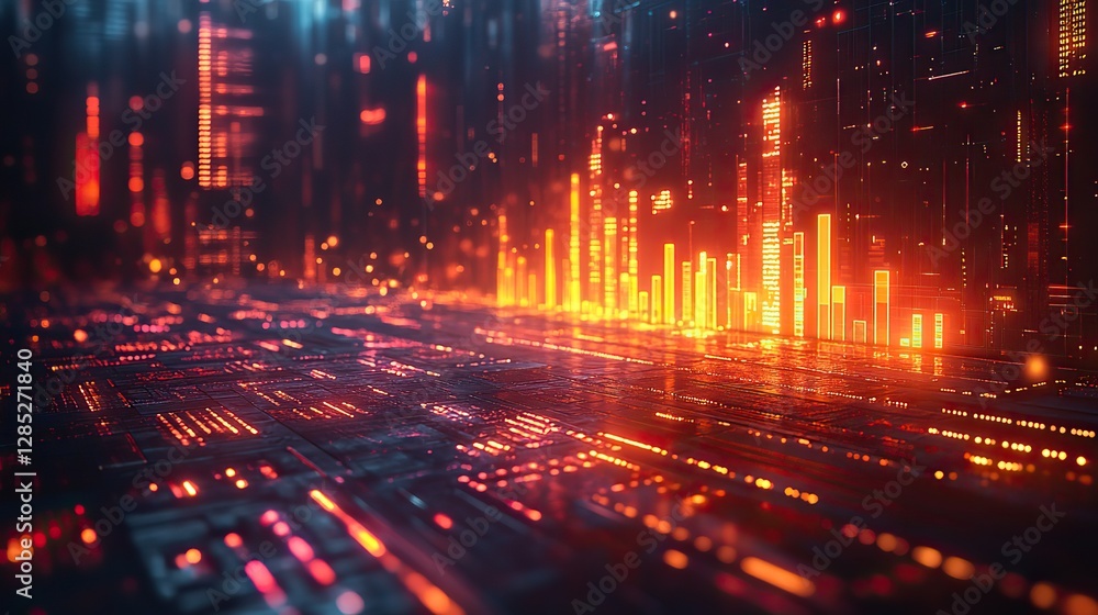 Fototapeta premium A futuristic data visualization featuring 3D graphs and vibrant colors showcases dynamic bar charts and digital elements. This represents advanced analytics and technology.