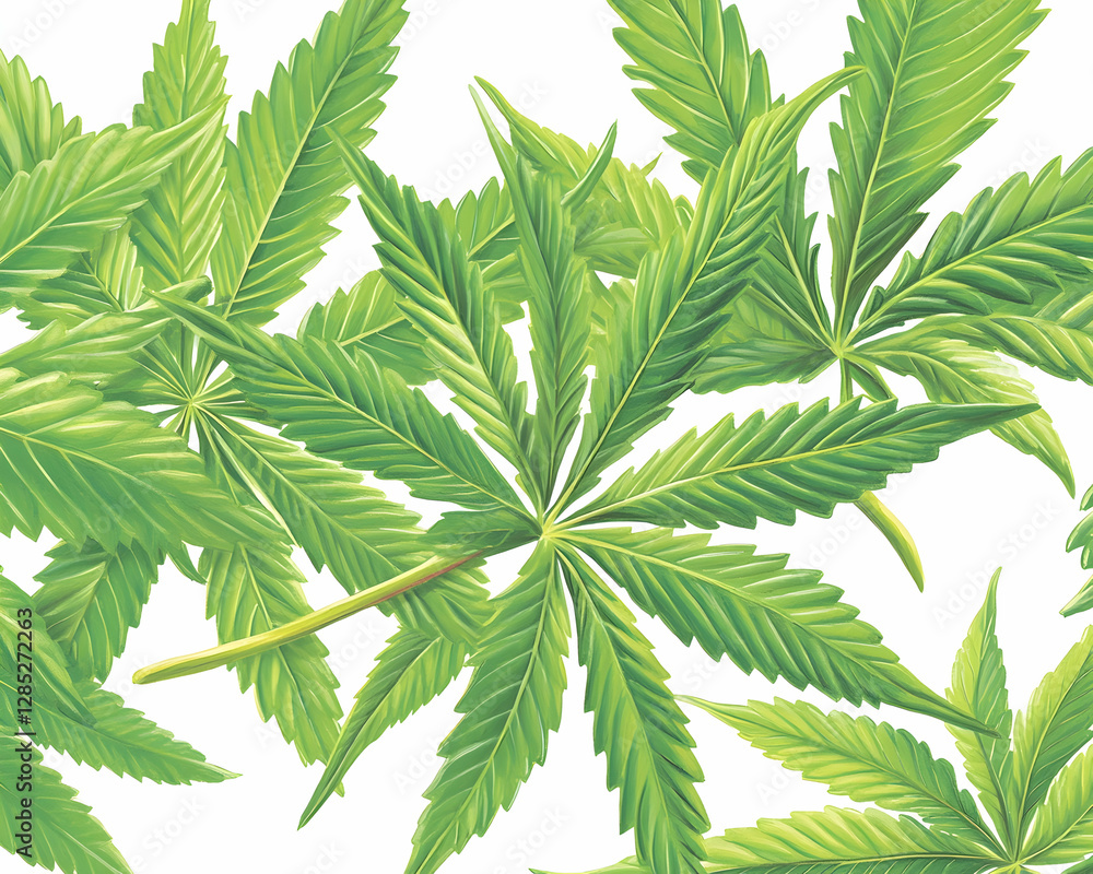 Cannabis leaves, close-up, white background, botanical illustration Cannabis leaves, close-up, white background, botanical illustration