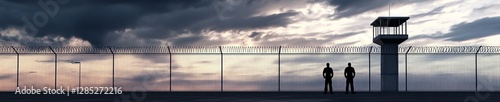 High-Quality 3D Render of Prison Guards Overseeing Correctional Facility with Tall Watchtower Under Dramatic Sky - Surveillance, Control, and Security at Its Finest photo