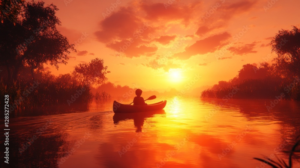 Child Canoeing at Sunset in Tranquil River, Serene Mood, Nature Adventure Child Canoeing at Sunset in Tranquil River, Serene Mood, Nature Adventure