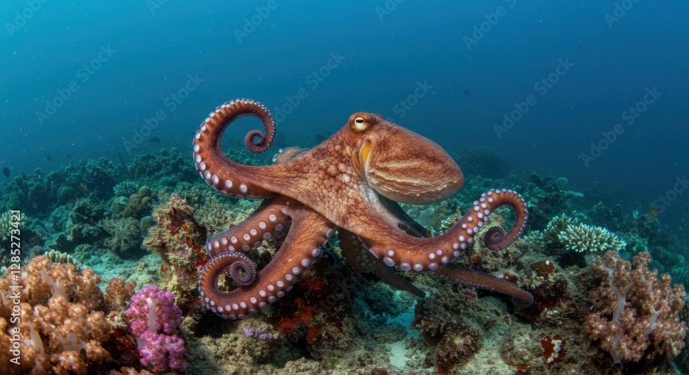 Obraz premium Giant Octopus Resting on Colorful Coral Reef in the Deep Ocean
