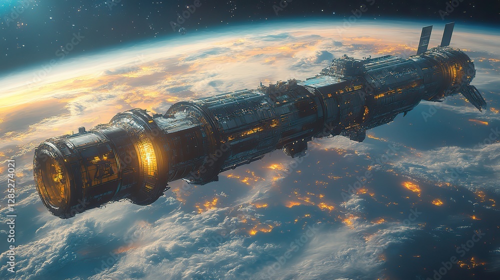 Naklejka premium A futuristic space station orbiting Earth showcases advanced technology and design.