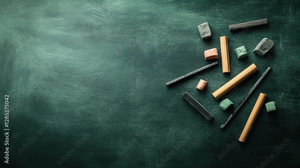 Chalkboard Arrangement with School Supplies, geometric layout of chalks, erasers, rulers, evoking classic classroom ambiance Chalkboard Arrangement with School Supplies, geometric layout of chalks, erasers, rulers, evoking classic classroom ambiance