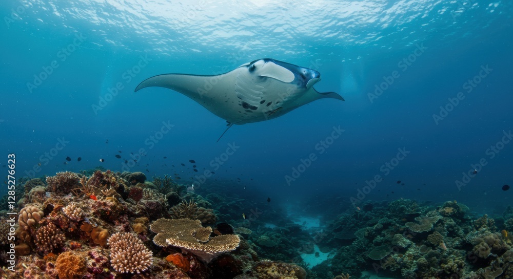 Fototapeta premium Manta Ray Gliding Gracefully Underwater Near Coral Reef Ecosystem