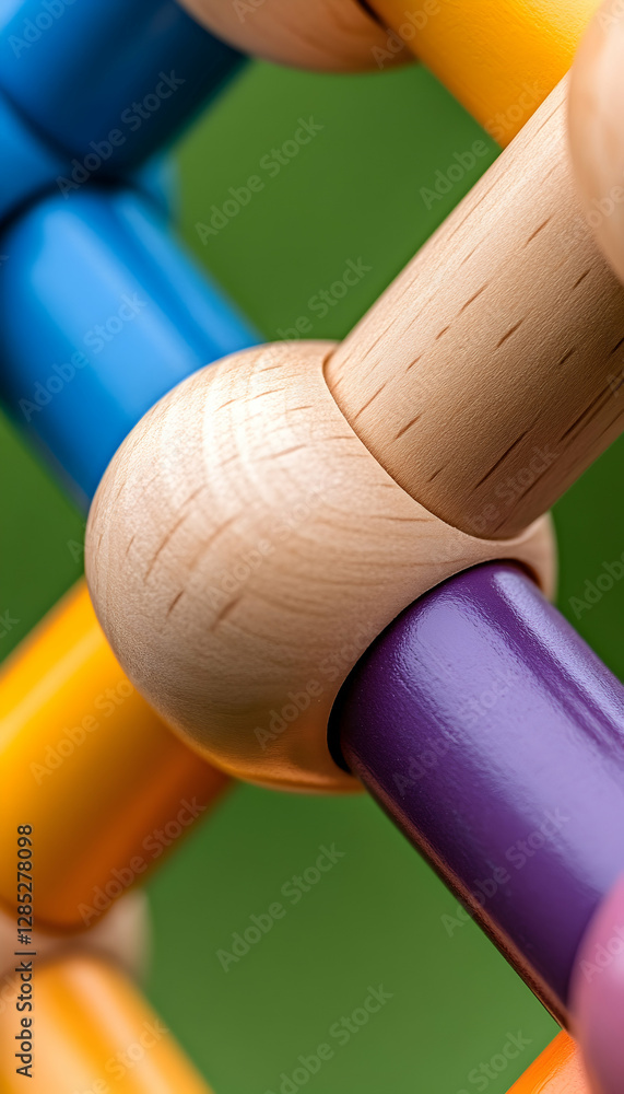 Colorful wooden toy close-up, green background, educational play Colorful wooden toy close-up, green background, educational play