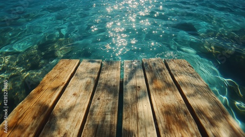 Sunlit Wooden Dock Overlooking Crystal Clear Water on a Calm Summer Day