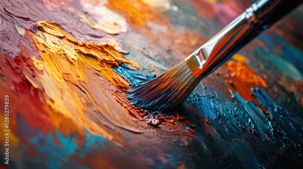 Obraz premium A detailed close-up of a paintbrush spreading vibrant acrylic colors on a textured canvas. The rich