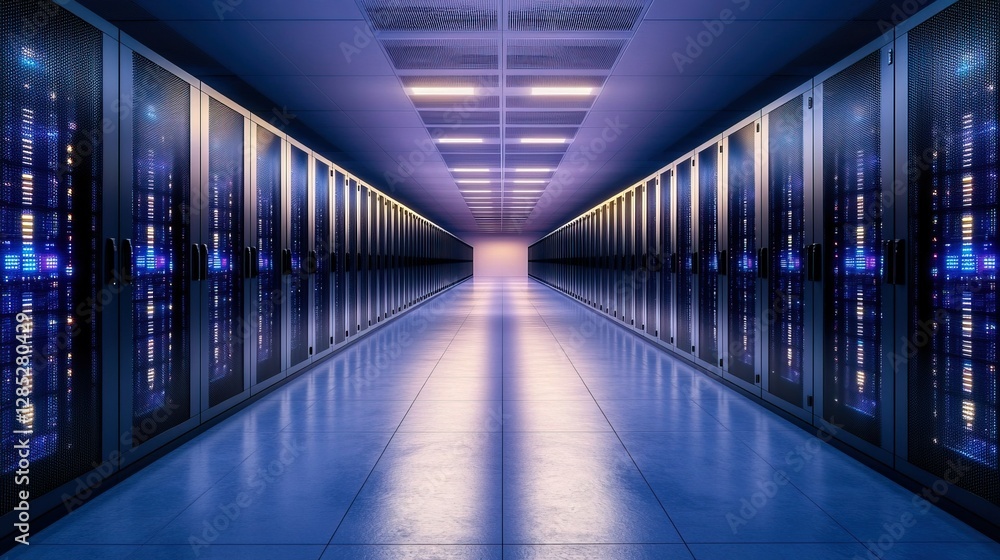 Fototapeta premium Vibrant Server Lights in a Data Center, showcasing an advanced, bustling processing environment, modern technology hub