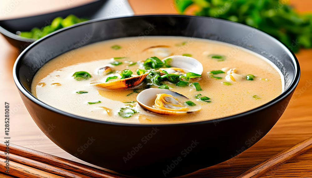 Creamy Clam Chowder in Black Bowl, Chopsticks, Wooden Table Creamy Clam Chowder in Black Bowl, Chopsticks, Wooden Table
