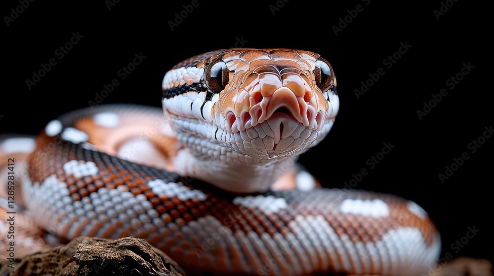 Fototapeta premium Python snake portrait, reptile close-up, dark background, wildlife photography, nature