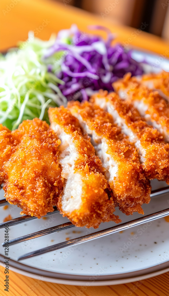 Crispy breaded pork cutlets, sliced, served with shredded cabbage, wooden table background. Food photography