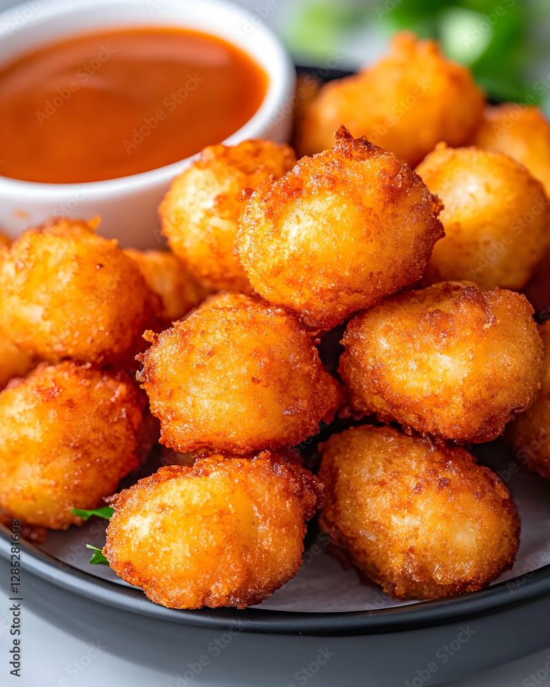 Crispy potato tots with spicy dip, close-up Crispy potato tots with spicy dip, close-up
