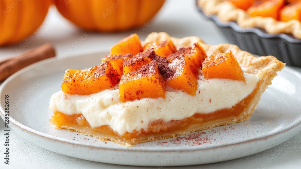 Slice of Pumpkin Pie, Creamy Filling, Close-up, Autumnal Dessert Slice of Pumpkin Pie, Creamy Filling, Close-up, Autumnal Dessert