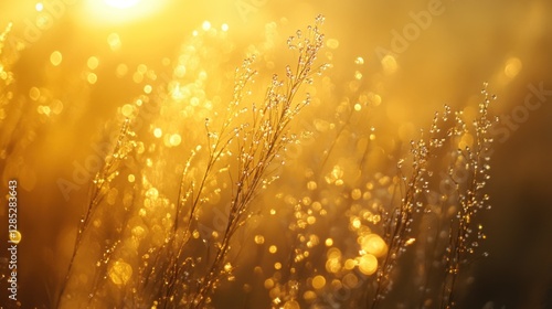 Golden Sunrise Over Dewy Grass in Serene Meadow photo