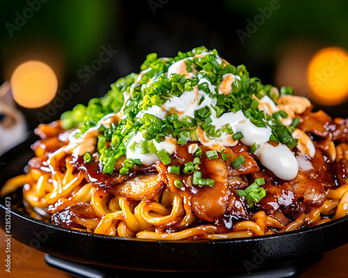 Delicious Yakisoba Noodles, creamy sauce, spring onions. Food photography for restaurant menu photo