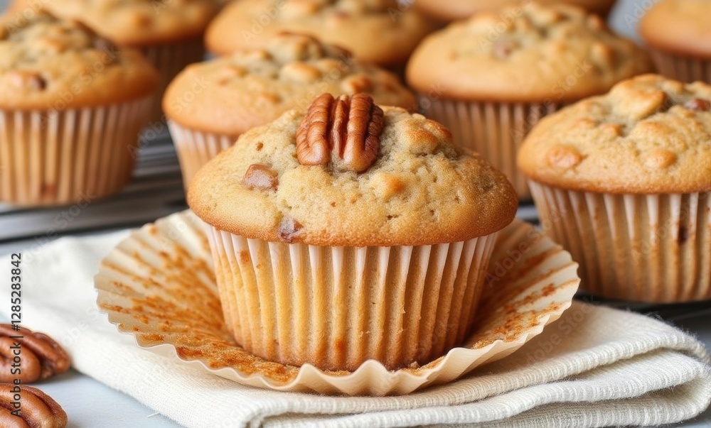Delicious pecan muffins on display Delicious pecan muffins on display