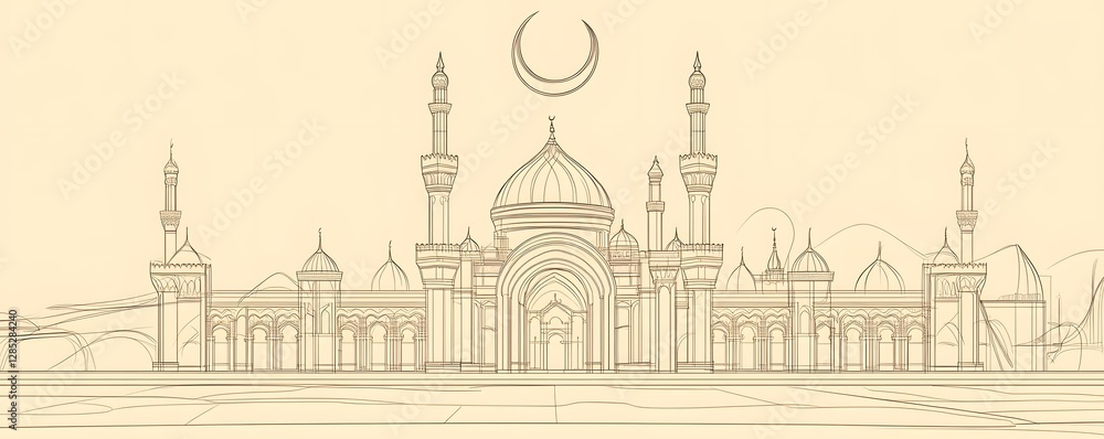 Obraz premium Sketch of a grand mosque with minarets and crescent moon