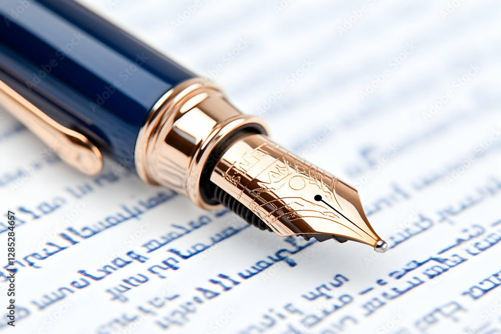 Elegant fountain pen on paper, close-up, writing, office Elegant fountain pen on paper, close-up, writing, office