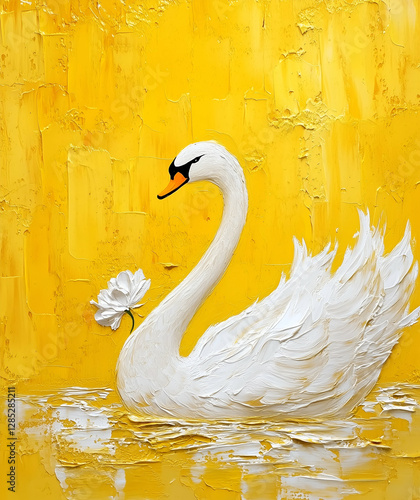 Fototapeta Naklejka Na Ścianę i Meble -  Acrylic Painting of White Swan on a Yellow Background 