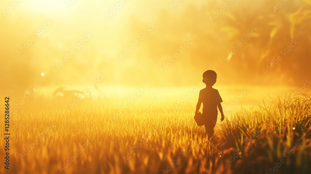 Young Boy Walking in Golden Fields at Dusk, Capturing Dreams and Innocence Young Boy Walking in Golden Fields at Dusk, Capturing Dreams and Innocence