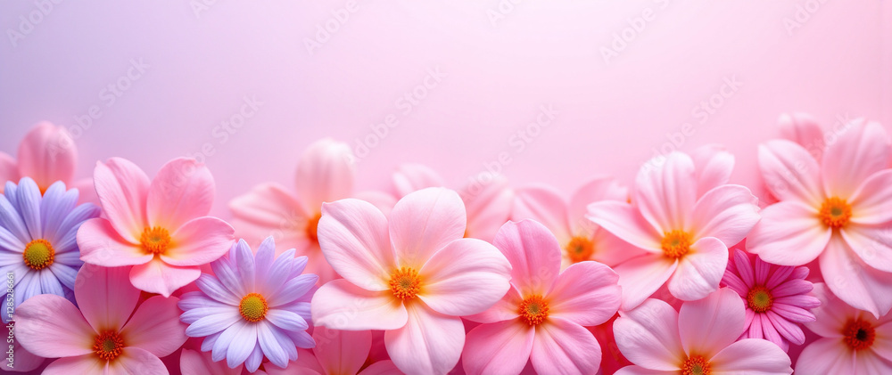 Soft Elegance: Delicate Flowers in Pastel Tones with a Pink and Lilac Gradient Background. advertisement, banner, card,copy text space,birthday party invite invitation. Soft Elegance: Delicate Flowers in Pastel Tones with a Pink and Lilac Gradient Background. advertisement, banner, card,copy text space,birthday party invite invitation.