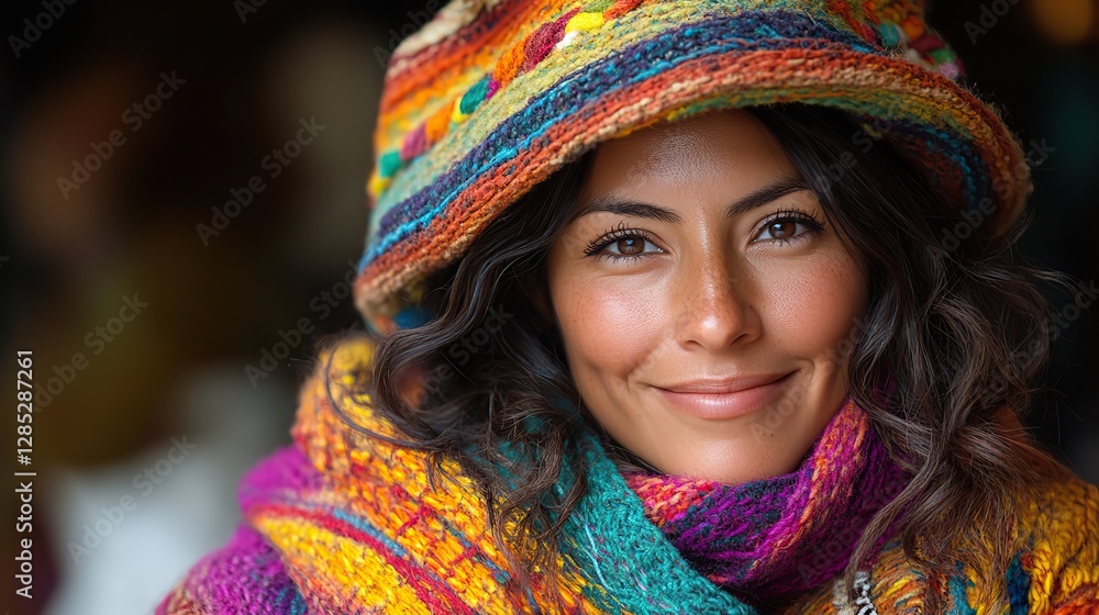 A happy Latina woman with a warm smile is wearing a colorful hat in this close-up portrait. A happy Latina woman with a warm smile is wearing a colorful hat in this close-up portrait.
