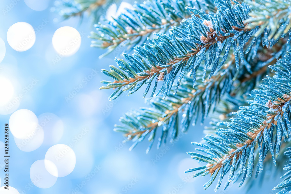 Obraz premium Frosty pine branch, winter bokeh background, holiday card