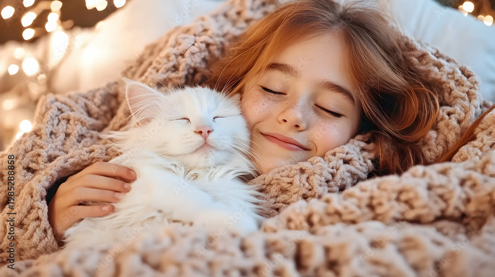 Girl cuddling white cat under cozy blanket, fairy lights background