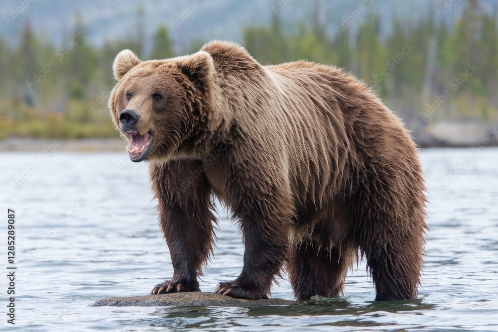Standing Proudly in Lake Water, Open Mouth, Green Forest Backdrop Standing Proudly in Lake Water, Open Mouth, Green Forest Backdrop