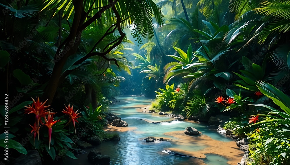 Serene Tropical Jungle with Crystal Clear River – Lush Green Paradise