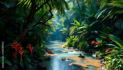 Obraz na płótnie Serene Tropical Jungle with Crystal Clear River – Lush Green Paradise w salonie